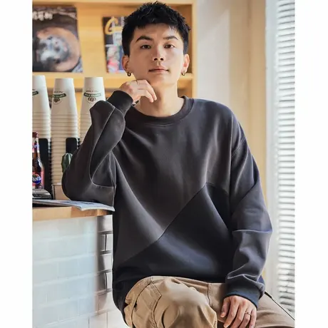唐狮圆领卫衣男士春秋季新款长袖黑色拼接无帽衫简约上衣潮牌商品大图