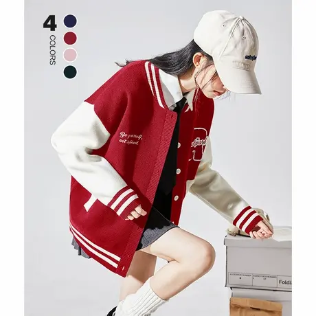 唐狮红色毛衣外套女春秋新款女棒球服开衫撞色美式复古上衣cz图片