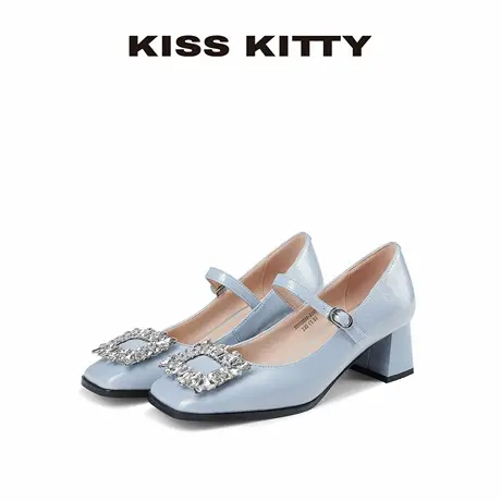 KISSKITTY仙女风玛丽珍鞋女款2025新款蓝色粗跟单鞋方头水钻女鞋图片