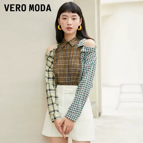 Vero Moda奥莱清仓冬季复古设计感格纹拼接肩部镂空纯棉衬衫女图片