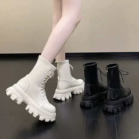 厚底瘦瘦靴女2022秋季新款圆头系带中筒时尚欧美中跟马丁靴机车靴商品大图