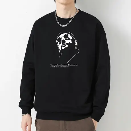 重磅纯棉卫衣男2023新款摇粒绒宽松潮流印花黑色圆领无帽长袖t恤商品大图