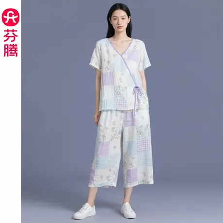 芬腾女士睡衣夏季新款短袖七分裤套装女款休闲大码薄款透气家居服商品大图