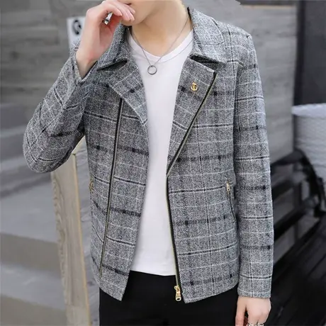 毛呢外套男春秋季格子2023新款男士休闲帅气上衣韩版潮流春装夹克商品大图