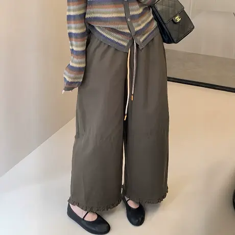 2025早秋新款松紧腰花边休闲裤宽松显瘦哈伦裤时尚百搭阔腿裤长裤商品大图