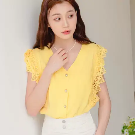 桔熊夏季韩版通勤浪漫镂空蕾丝拼接v领衬衫无袖上衣女大码AB15877商品大图