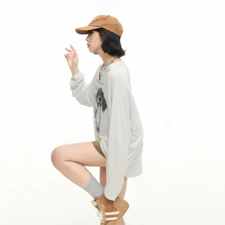美式复古狗狗印花凉感防晒罩衫女春秋新款宽松轻薄微透长袖T恤商品大图