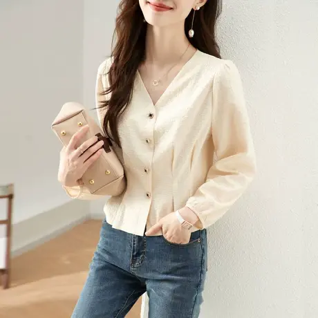 时尚法式气质长袖衬衫2023年春季新款淑女温柔显瘦通勤纯色上衣商品大图