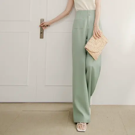 桔熊夏季通勤ol落地长裤子女简约高腰排扣直筒裤胖妹妹大码BA7144商品大图