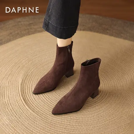 达芙妮高跟短靴女2026新款冬加绒法式磨砂踝靴尖头粗跟棕色马丁靴图片