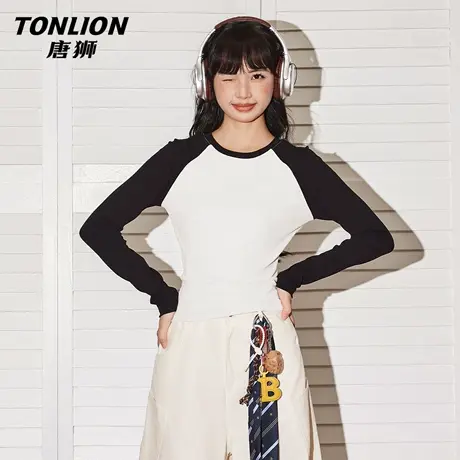 唐狮官方撞色长袖t恤女2026新款春修身显瘦打底衫美式辣妹上衣VC图片