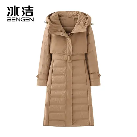 冰洁长款鸭绒羽绒服女2023秋冬季新款纯色休闲简约潮流连帽外套WG商品大图