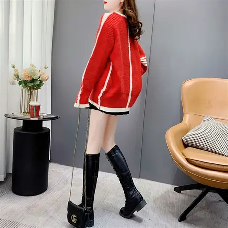 设计感百搭圆领毛衣女秋冬2022新款宽松学院风条纹加厚打底针织衫商品大图