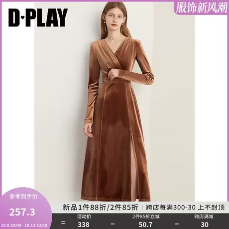 DPLAY2023冬美拉德复古法式焦糖色V领侧开衩丝绒连衣裙轻礼服图片