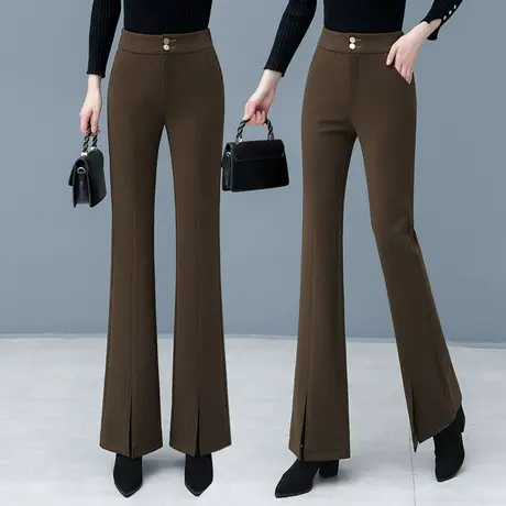 咖色毛呢微喇裤女开叉显高2023秋冬新款显瘦高腰两粒扣气质喇叭裤商品大图