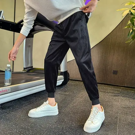 灯芯绒卫裤男秋冬纯色修身小众加绒束脚休闲裤个性小脚运动哈伦裤图片