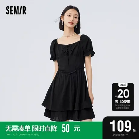 森马连衣裙女设计感绑带木耳边2023夏新款复古法式方领短裙宫廷风图片