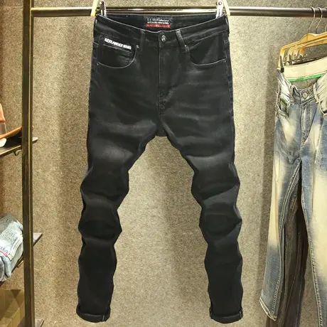 黑色潮流百搭男士牛仔裤修身弹力小脚裤子个性英文印花显瘦小黑裤商品大图