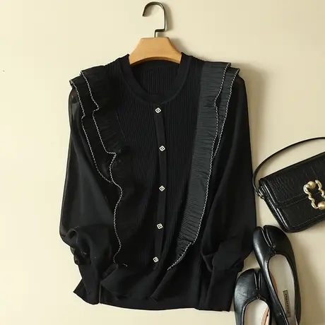 秋装2023年新款雪纺拼接长袖冰丝针织衫女洋气蕾丝打底衫宽松上衣图片