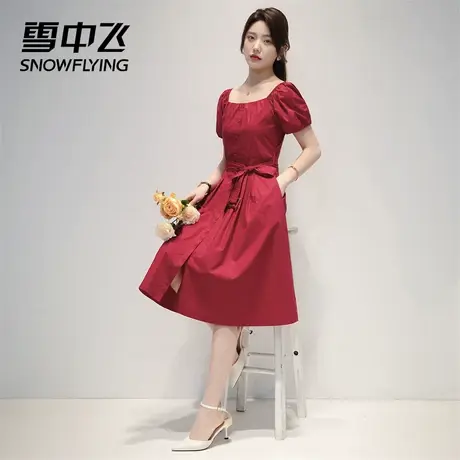 雪中飞春夏新款女士系带高腰显瘦连衣裙INS泡泡袖A字气质裙子图片