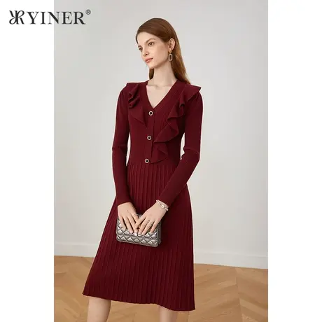 YINER音儿奥莱女装秋季V领收腰中长款连衣裙图片