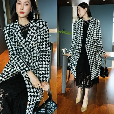 23秋冬女士经典复古过膝格子加厚双排扣粗花呢千鸟格毛呢外套大衣图片