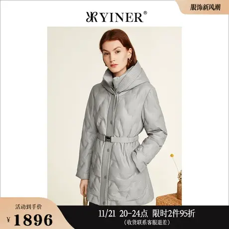 YINER音儿线上专选女装冬季保暖连帽羊皮真皮白鹅绒收腰羽绒服商品大图