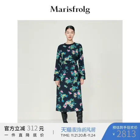 【商场同款】玛丝菲尔女装冬季新款纯羊毛碎花黑色长袖连衣裙图片