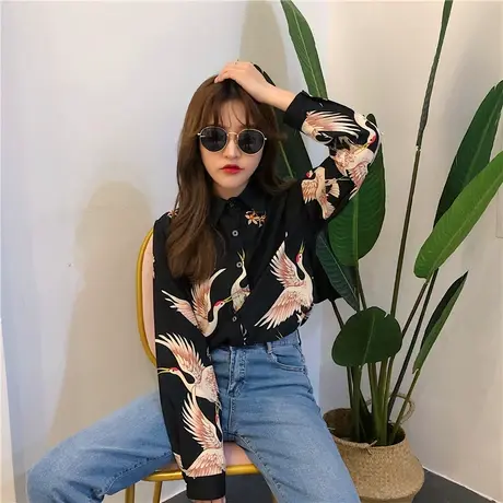 衬衫女长袖2023春装新款韩版宽松百搭学生复古港味bf仙鹤衬衣上衣商品大图