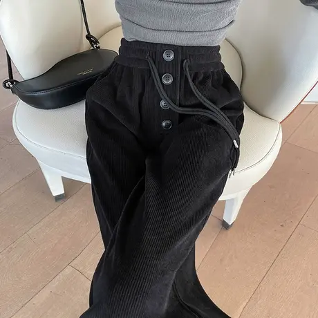 灯芯绒黑色阔腿裤女冬季高腰宽松雪尼尔加绒加厚直筒休闲拖地裤子商品大图