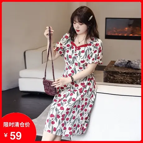 【清仓】女装胖妹妹2023年夏季赫本气质方领显瘦碎花中长款连衣裙图片