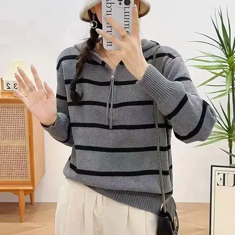甜酷韩版针织连帽条纹拉链套头毛衣女装2023秋冬新款休闲百搭上衣图片