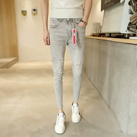九分牛仔长裤男修身2024年新款春秋裤子潮ins百搭青年破洞小脚裤商品大图