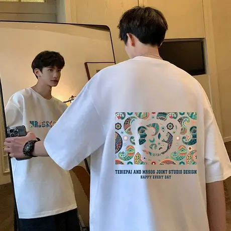 圆领短袖t恤男夏季美式潮牌潮流港风宽松国潮半袖休闲纯棉体恤衫商品大图