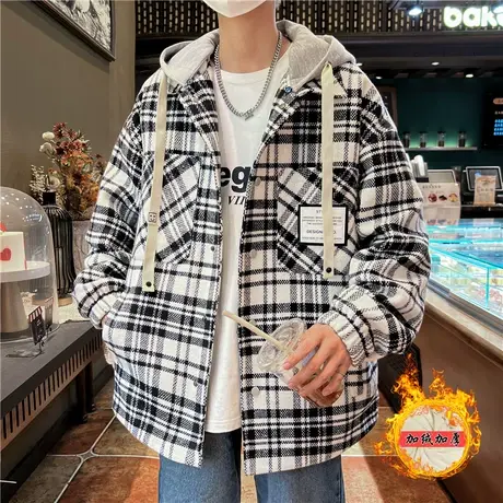 潮牌格子夹克男士外套加绒加厚冬季青少年学生毛呢连帽潮流上衣男商品大图