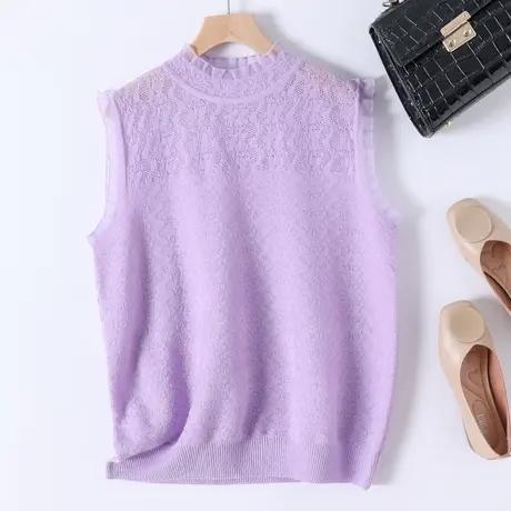 2023秋冬新款韩版宽松圆领无袖针织衫镂空T恤女百搭上衣打底毛衣图片