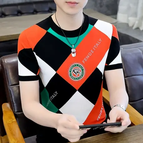 潮牌短袖夏季男士帅气烫钻衣服刺绣高端滑料体恤半袖夏装冰丝t恤商品大图