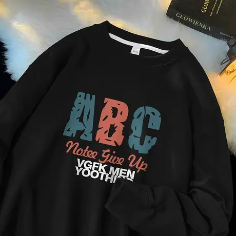 350g重磅卫衣男秋冬款圆领上衣服美式休闲无帽衫宽松黑色长袖t恤商品大图