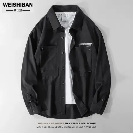 美式休闲拼接简约口袋设计长袖衬衣男潮牌宽松纯色工装衬衫式外套商品大图