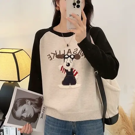 美式慵懒时尚圆领插肩袖趣味卡通图案小狗软糯毛衣女秋冬2023新款商品大图