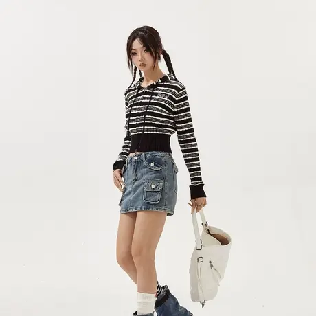 YEP短款连帽开衫条纹毛衣春秋2025新款外套女超好看针织衫上衣商品大图