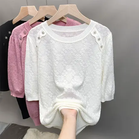 圆领蕾丝针织衫女2023春夏秋新款宽松外穿上衣镂空中袖薄款t恤衫商品大图