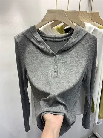 欧货打底衫内搭上衣女春秋装2023年新款设计感上衣纯色连帽体恤潮商品大图