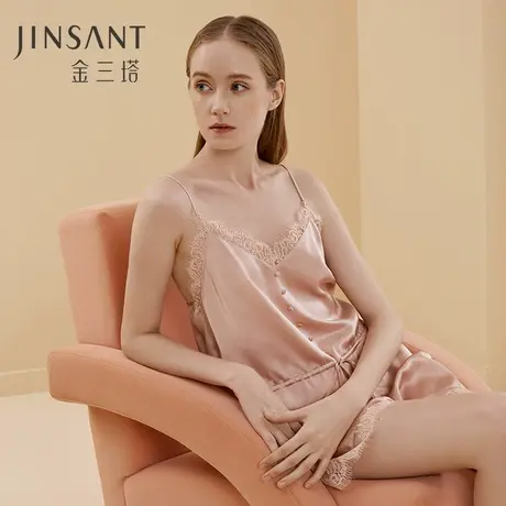 金三塔新品真丝吊带蕾丝短裤衣裤套100%桑蚕丝性感美背薄款睡衣女图片