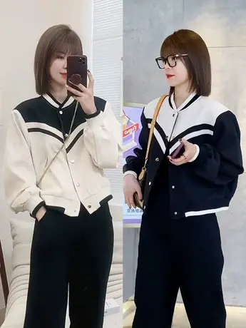 短款棒球服外套女小个子2023春季新款拼接撞色休闲上衣卫衣女开衫商品大图