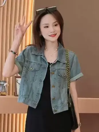 港味chic短款牛仔外套女2023夏季宽松韩版小个子百搭短袖上衣夹克商品大图
