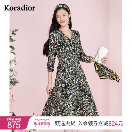 珂莱蒂尔碎花连衣裙女法式v领a字裙茶歇裙收腰七分袖图片