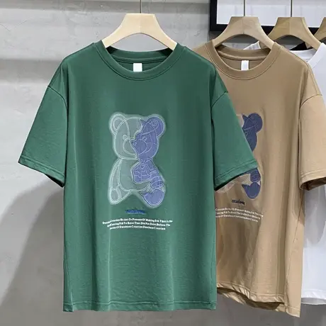 潮牌网红小熊字母印花圆领短袖T恤男士帅气棉质半袖宽松2023新款商品大图