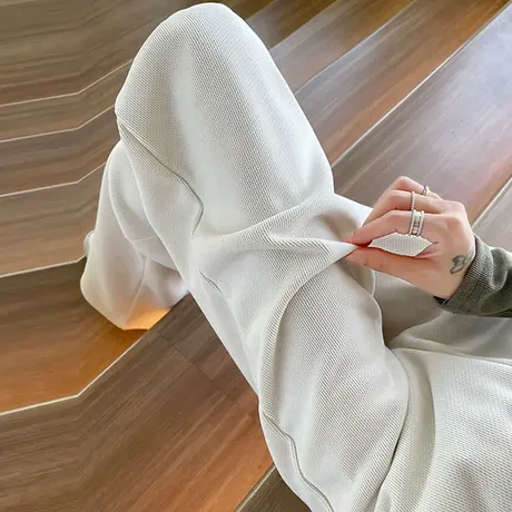 米白雪尼尔阔腿裤女秋冬新款高腰宽松显瘦窄版开叉灯芯绒休闲裤子图片