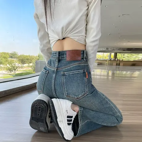 美式复古高腰窄版阔腿牛仔裤女2023年秋冬新款直筒宽松显瘦拖地裤图片